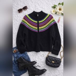 Lauren Ralph Lauren Black Med Weight Zip Neon Crocheted Details. Ladies Large